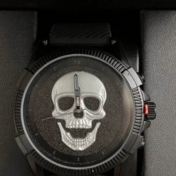 NEW Ed Hardy Silver Black 3D Skull Mens Watch